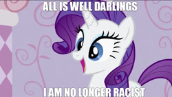Size: 1280x721 | Tagged: safe, edit, edited screencap, screencap, rarity, pony, unicorn, g4, all is well, happy, happy ending, racism, racisty, shitposting, smiling, solo