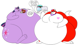 Size: 2844x1664 | Tagged: safe, artist:pix-a-roo, twilight sparkle, oc, oc:red velvet, fox, pony, unicorn, anthro, g4, belly, big belly, big breasts, bingo wings, blushing, breasts, cake, canon x oc, chubby cheeks, dessert, dialogue, fat, food, furry, furry oc, huge belly, huge breasts, ice cream, impossibly large belly, milkshake, obese, pie, red, speech bubble, stuffing, twilard sparkle, underhoof