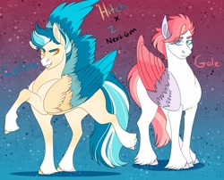 Size: 2510x2026 | Tagged: safe, artist:inisealga, oc, oc only, oc:cyclone, oc:gale, pegasus, pony, g5, my little pony: a new generation, spoiler:g5, spoiler:my little pony: a new generation, abstract background, brother and sister, coat markings, facial markings, female, folded wings, gradient background, high res, male, mare, markings, next generation, offspring, parent:hitch trailblazer, parent:zipp storm, parents:stormblazer, pegasus oc, siblings, socks (coat markings), spread wings, stallion, text, twins, wings