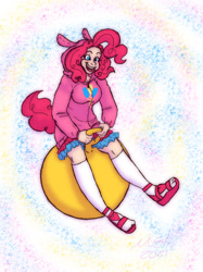 Size: 1024x1366 | Tagged: safe, artist:mizzgenk, pinkie pie, human, g4, ball, bouncy ball, clothes, hoodie, humanized, inflatable, open mouth, open smile, sandals, smiling, socks, solo, space hopper, yellow inflatable