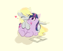 Size: 2322x1881 | Tagged: safe, artist:manicpanda, derpy hooves, twilight sparkle, pegasus, pony, unicorn, g4, book, colored pupils, cuddling, cute, eyes closed, female, floating heart, heart, horn, kissing, lesbian, lying down, mare, one eye closed, open mouth, open smile, prone, ship:twerpy, shipping, simple background, smiling, spread wings, tan background, unicorn twilight, wings