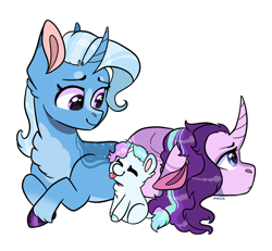 Size: 1850x1712 | Tagged: safe, artist:moccabliss, potion nova, starlight glimmer, trixie, pony, g4, baby, baby pony, colored hooves, curved horn, horn, magical lesbian spawn, offspring, parent:starlight glimmer, parent:trixie, parents:startrix, simple background, unshorn fetlocks, white background