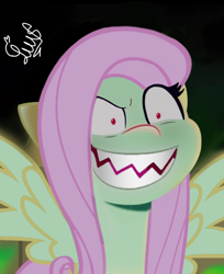 Size: 664x813 | Tagged: safe, artist:flutteryaylove, edit, edited edit, fluttershy, pony, .mov, shed.mov, g5, my little pony: a new generation, spoiler:my little pony: a new generation, evil fluttershy, evil grin, evil rarity, fluttershed, grin, jaws (james bond), possessed, smiling, solo, sproutity