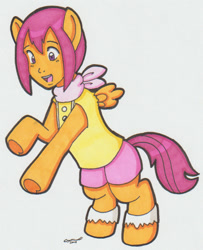 Size: 672x827 | Tagged: safe, artist:cqmorrell, scootaloo, human, pegasus, pony, g4, character to character, clothes, digimon, female, happy, human to pony, kari kamiya, mid-transformation, open mouth, open smile, scarf, shirt, shorts, signature, simple background, smiling, socks, solo, traditional art, transformation, underhoof, white background