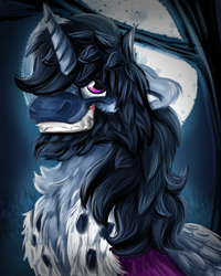 Size: 2000x2500 | Tagged: safe, artist:euspuche, oc, oc only, oc:spitzer, alicorn, pony, bust, fluffy, high res, king, looking at you, male, moon, night, portrait, smiling, stallion