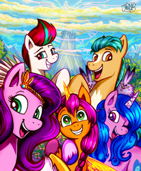 Size: 748x909 | Tagged: safe, artist:jowyb, hitch trailblazer, izzy moonbow, pipp petals, sunny starscout, zipp storm, alicorn, earth pony, pegasus, pony, unicorn, g5, my little pony: a new generation, spoiler:g5, spoiler:my little pony: a new generation, alicornified, artificial wings, augmented, female, magic, magic horn, magic wings, male, mane five (g5), mare, one eye closed, open mouth, race swap, stallion, sunnycorn, wings