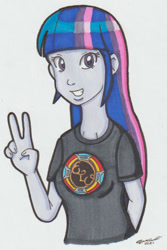 Size: 587x879 | Tagged: safe, artist:cqmorrell, twilight sparkle, human, equestria girls, g4, arm behind back, band shirt, clothes, electric light orchestra, female, grin, looking at you, name pun, peace sign, shirt, signature, simple background, smiling, solo, song reference, traditional art, twilight (song), white background