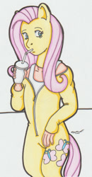 Size: 563x1084 | Tagged: safe, artist:cqmorrell, fluttershy, human, pegasus, pony, g4, actress, break, clothes, costume, drink, drinking, drinking straw, female, mask, open clothes, ponysuit, signature, solo, tank top, traditional art, zipper