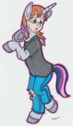 Size: 742x1283 | Tagged: safe, artist:cqmorrell, twilight sparkle, human, pony, unicorn, g4, clothes, female, glasses, human to pony, looking back, mid-transformation, open mouth, outline, pants, ripping clothes, shirt, signature, simple background, solo, surprised, tail, traditional art, transformation, underhoof, unicorn twilight, unshorn fetlocks, white background