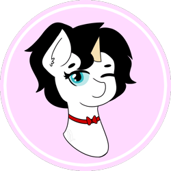 Size: 750x750 | Tagged: safe, artist:embermare, artist:emberstoneeqf, oc, oc only, oc:wafflehead, pony, unicorn, bowtie, bust, circle background, colored, female, flat colors, looking at you, mare, one eye closed, portrait, present, simple background, solo, transparent background, waffle cone, wafflecorn, wink, winking at you