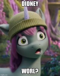 Size: 500x629 | Tagged: safe, edit, edited screencap, screencap, mint grove, pony, unicorn, g5, my little pony: a new generation, 3d, :o, beanie, caption, didney worl, faic, female, hat, horn, image macro, imgflip, mare, o, o mouth, open mouth, solo, text