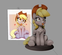 Size: 885x790 | Tagged: safe, artist:pabbley, artist:v747, derpy hooves, pegasus, pony, g4, 3d, :p, accessory theft, applejack's hat, chest fluff, cowboy hat, cute, derpabetes, female, gray background, hat, mare, silly, simple background, solo, tongue out