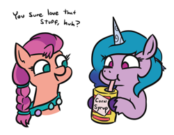 Size: 490x378 | Tagged: safe, artist:jargon scott, izzy moonbow, sunny starscout, earth pony, pony, unicorn, g5, my little pony: a new generation, spoiler:my little pony: a new generation, bust, corn syrup, dialogue, drinking, duo, female, hoof hold, mare, no pupils, simple background, straw, white background