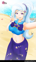 Size: 531x900 | Tagged: safe, artist:clouddg, trixie, human, equestria girls, equestria girls specials, g4, my little pony equestria girls: better together, my little pony equestria girls: forgotten friendship, belly button, breasts, busty trixie, clothes, female, human coloration, looking at you, midriff, multiple variants, peace sign, ponytail, sarong, selfie, smiling, solo, swimsuit