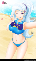 Size: 531x900 | Tagged: safe, alternate version, artist:clouddg, trixie, human, equestria girls, equestria girls specials, g4, my little pony equestria girls: better together, my little pony equestria girls: forgotten friendship, armpits, beach, beach babe, belly button, breasts, busty trixie, clothes, female, grin, human coloration, looking at you, midriff, multiple variants, one eye closed, peace sign, ponytail, selfie, smiling, solo, swimsuit, trixie's beach shorts swimsuit, wink