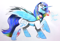 Size: 2212x1536 | Tagged: safe, artist:wixi2000, rainbow dash, rarity, alicorn, pony, g4, female, four eyes, fusion, grin, mare, multiple eyes, raised hoof, simple background, smiling, smirk, solo, traditional art, unshorn fetlocks, white background