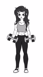 Size: 1450x2546 | Tagged: source needed, safe, artist:e19700, wallflower blush, equestria girls, g4, belly button, clothes, dumbbell (object), female, monochrome, solo, sweat, weights