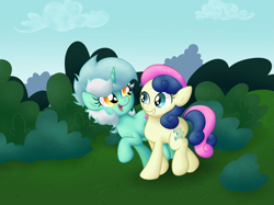 Size: 4247x3171 | Tagged: safe, artist:background basset, bon bon, lyra heartstrings, sweetie drops, earth pony, pony, unicorn, g4, duo, female, lesbian, looking at each other, looking at someone, mare, ship:lyrabon, shipping, smiling