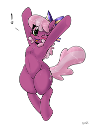 Size: 2000x2800 | Tagged: safe, alternate version, artist:skoon, cheerilee, earth pony, semi-anthro, g4, arm hooves, armpits, bow, cheeribetes, cheering, cute, exclamation point, eye clipping through hair, featureless crotch, hair bow, heart, high res, one eye closed, open mouth, open smile, sfw version, smiling, solo, wink