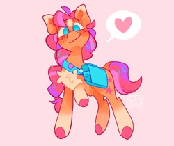 Size: 2048x1719 | Tagged: safe, artist:swirlseypop, sunny starscout, earth pony, pony, g5, my little pony: a new generation, spoiler:my little pony: a new generation, bag, blushing, braid, chest fluff, colored hooves, female, heart, looking at you, mare, pin, pins, raised hoof, satchel, smiling, solo