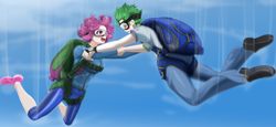 Size: 4162x1918 | Tagged: safe, artist:ink_beziers_painter109, oc, oc only, oc:software patch, oc:windcatcher, human, commission, couple, duo, falling, female, goggles, humanized, humanized oc, male, parachute, skydiving, straight, windpatch