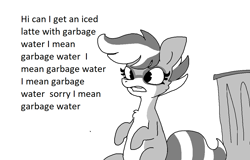 Size: 1186x758 | Tagged: safe, artist:tjpones, oc, oc only, oc:bandy cyoot, hybrid, pony, raccoon, raccoon pony, black and white, dialogue, female, grayscale, iced latte with breast milk, mare, meme, monochrome, simple background, solo, trash can, white background