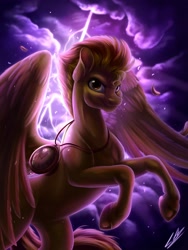 Size: 3000x4000 | Tagged: safe, artist:lupiarts, spitfire, pegasus, pony, g4, clock, feather, female, high res, lightning, mare, solo, storm