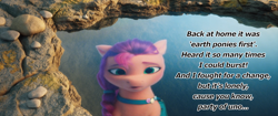 Size: 1280x536 | Tagged: safe, screencap, sunny starscout, earth pony, pony, g5, my little pony: a new generation, spoiler:g5, spoiler:my little pony: a new generation, 3d, caption, empathy, female, image macro, looking down, lyrics, mare, reflection, rock, sad, singing, song, swimming pool, text, water