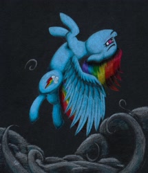 Size: 3312x3849 | Tagged: safe, artist:myzanil, rainbow dash, pegasus, pony, g4, backflip, cloud, colored pencil drawing, flying, high res, looking forward, smiling, solo, traditional art, wings