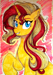 Size: 2466x3444 | Tagged: safe, artist:moonsun, sunset shimmer, pony, unicorn, g4, bust, female, high res, horn, looking at you, mare, smiling, solo, traditional art
