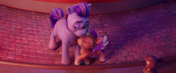 Size: 1920x800 | Tagged: safe, screencap, argyle starshine, sunny starscout, earth pony, pony, g5, my little pony: a new generation, spoiler:my little pony: a new generation, alicorn costume, costume, cute, father and child, father and daughter, female, filly, filly sunny starscout, male, nuzzling, stallion, sunnybetes