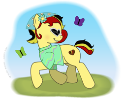 Size: 745x600 | Tagged: safe, artist:hazel bloons, oc, oc only, oc:chocolate sweets, butterfly, earth pony, pony, bandana, blue sky, clothes, eyes closed, female, flower, flower in hair, glasses, grass, heart shaped glasses, mare, shirt, simple background, smiling, solo, sunglasses, transparent background, walking