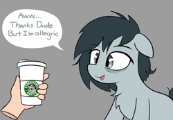 Size: 1110x766 | Tagged: safe, artist:icey, oc, oc only, oc:sleepy goodnight, earth pony, human, pony, allergies, bags under eyes, coffee, disembodied hand, female, floppy ears, hand, mare, starbucks, text