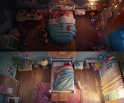 Size: 1920x1600 | Tagged: safe, edit, screencap, spike, sunny starscout, earth pony, pony, g5, my little pony: a new generation, spoiler:my little pony: a new generation, 3d, bed, bedroom, book, comparison, curtains, dreamcatcher, female, filly, filly sunny starscout, mare, plant, plushie, sleeping, spike plushie, younger