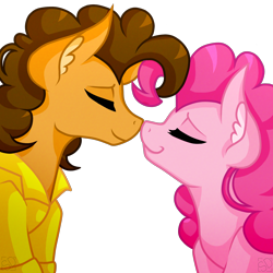 Size: 2000x2000 | Tagged: safe, artist:amazing-artsong, cheese sandwich, pinkie pie, earth pony, pony, g4, boop, clothes, ear fluff, eyes closed, female, high res, male, mare, noseboop, nuzzling, ship:cheesepie, shipping, shirt, simple background, smiling, stallion, straight, transparent background