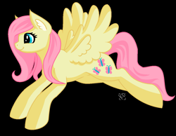Size: 1157x897 | Tagged: safe, artist:amazing-artsong, fluttershy, pegasus, pony, g4, black background, ear fluff, female, flying, mare, pixel art, profile, simple background, smiling, solo, spread wings, wings