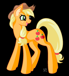 Size: 897x993 | Tagged: safe, artist:amazing-artsong, applejack, earth pony, pony, g4, applejack's hat, black background, cowboy hat, ear fluff, female, hat, looking back, mare, open mouth, open smile, pixel art, simple background, smiling, solo
