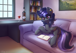 Size: 3508x2480 | Tagged: safe, artist:dandy, oc, oc only, oc:blackberry shine, pegasus, pony, :3, alcohol, book, bottle, chest fluff, commission, couch, ear piercing, female, glass, high res, lying down, mare, piercing, reading, smiling, solo, window, wine, wine glass