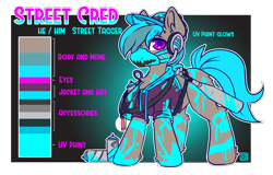 Size: 4280x2736 | Tagged: safe, artist:ruef, oc, oc only, oc:street cred, earth pony, pony, baseball bat, bodypaint, clothes, hat, headphones, hoodie, neon, reference sheet, solo, spray paint