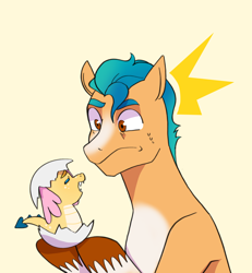 Size: 1750x1892 | Tagged: safe, artist:aztrial, hitch trailblazer, dragon, earth pony, pony, g5, my little pony: a new generation, duo, egg, emanata, hatching, hatchling, hilarious in hindsight, male, simple background, sweat, sweatdrops
