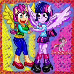 Size: 4320x4290 | Tagged: safe, artist:kamikiku, sunny starscout, twilight sparkle, alicorn, equestria girls, g4, g5, my little pony: a new generation, spoiler:my little pony: a new generation, alicornified, artificial wings, augmented, duo, duo female, equestria girls-ified, female, g5 to equestria girls, g5 to g4, generation leap, holding hands, magic, magic wings, open mouth, open smile, ponied up, race swap, smiling, sunny and her heroine, sunnycorn, twilight sparkle (alicorn), wings
