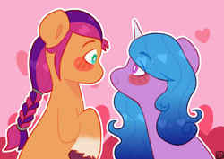 Size: 1024x723 | Tagged: safe, artist:octolass, izzy moonbow, sunny starscout, earth pony, pony, unicorn, g5, my little pony: a new generation, spoiler:my little pony: a new generation, blushing, braid, coat markings, duo, eye contact, female, heart, lesbian, looking at each other, ship:moonscout, shipping, smiling, socks (coat markings), unshorn fetlocks, white pupils