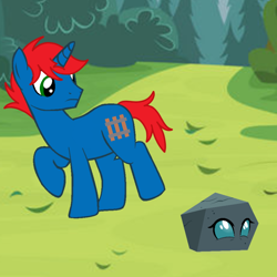 Size: 900x900 | Tagged: safe, artist:frownfactory, artist:ry-bluepony1, ocellus, oc, oc:train track, pony, unicorn, g4, base used, bush, confused, disguise, disguised changeling, field, grass, horn, male, mane, rock, rockellus, show accurate, stallion, tail, tree