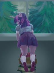 Size: 1200x1600 | Tagged: safe, artist:richesbabycheesecake, twilight sparkle, equestria girls, g4, book, eared humanization, female, horn, horned humanization, kneeling, looking back, pile of books, solo