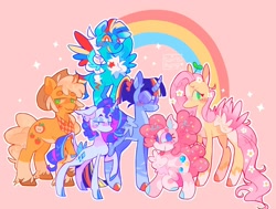 Size: 2048x1552 | Tagged: safe, artist:swirlseypop, applejack, fluttershy, pinkie pie, rainbow dash, rarity, twilight sparkle, alicorn, earth pony, pegasus, pony, unicorn, g4, beanbrows, blushing, bow, chest fluff, colored ears, colored hooves, colored wings, colored wingtips, curved horn, ear piercing, earring, eyebrows, floppy ears, flower, flower in hair, food, glasses, grin, horn, jewelry, leonine tail, lidded eyes, looking at you, mane six, piercing, plant, ponytail, rainbow, raspberry, redesign, scrunchie, smiling, sparkles, spread wings, sprinkles, sprout, tail, tail bow, tongue out, twilight sparkle (alicorn), unshorn fetlocks, wavy mouth, wings