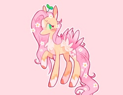 Size: 1024x793 | Tagged: safe, artist:swirlseypop, fluttershy, pegasus, pony, g4, blaze (coat marking), blushing, chest fluff, coat markings, colored hooves, colored wings, colored wingtips, facial markings, female, flower, flower in hair, flower in tail, looking at you, mare, plant, shy, socks (coat markings), solo, sprout, tail, wings