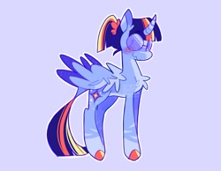 Size: 1024x793 | Tagged: safe, artist:swirlseypop, twilight sparkle, alicorn, pony, g4, blushing, chest fluff, coat markings, colored hooves, colored wings, colored wingtips, curved horn, glasses, horn, leonine tail, looking at you, ponytail, redesign, scrunchie, smiling, socks (coat markings), solo, tail, twilight sparkle (alicorn), wavy mouth, wings