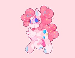 Size: 1024x793 | Tagged: safe, artist:swirlseypop, pinkie pie, earth pony, pony, g4, beanbrows, blushing, chest fluff, coat markings, colored ears, colored hooves, ear fluff, eyebrows, female, food, looking at you, mare, pinto, raspberry, smiling, solo, sprinkles, tongue out