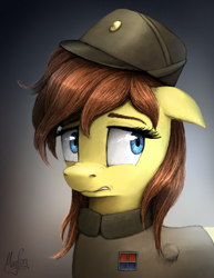 Size: 1300x1681 | Tagged: safe, artist:magfen, oc, oc only, oc:clover springs, pegasus, pony, bust, clothes, female, galactic empire, nervous, officer, solo, star wars, uniform, wingless