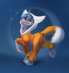 Size: 2718x2897 | Tagged: safe, artist:mithriss, oc, oc only, pony, unicorn, :p, fox tail, high res, onesie, smug, solo, sparkles, tail, tongue out